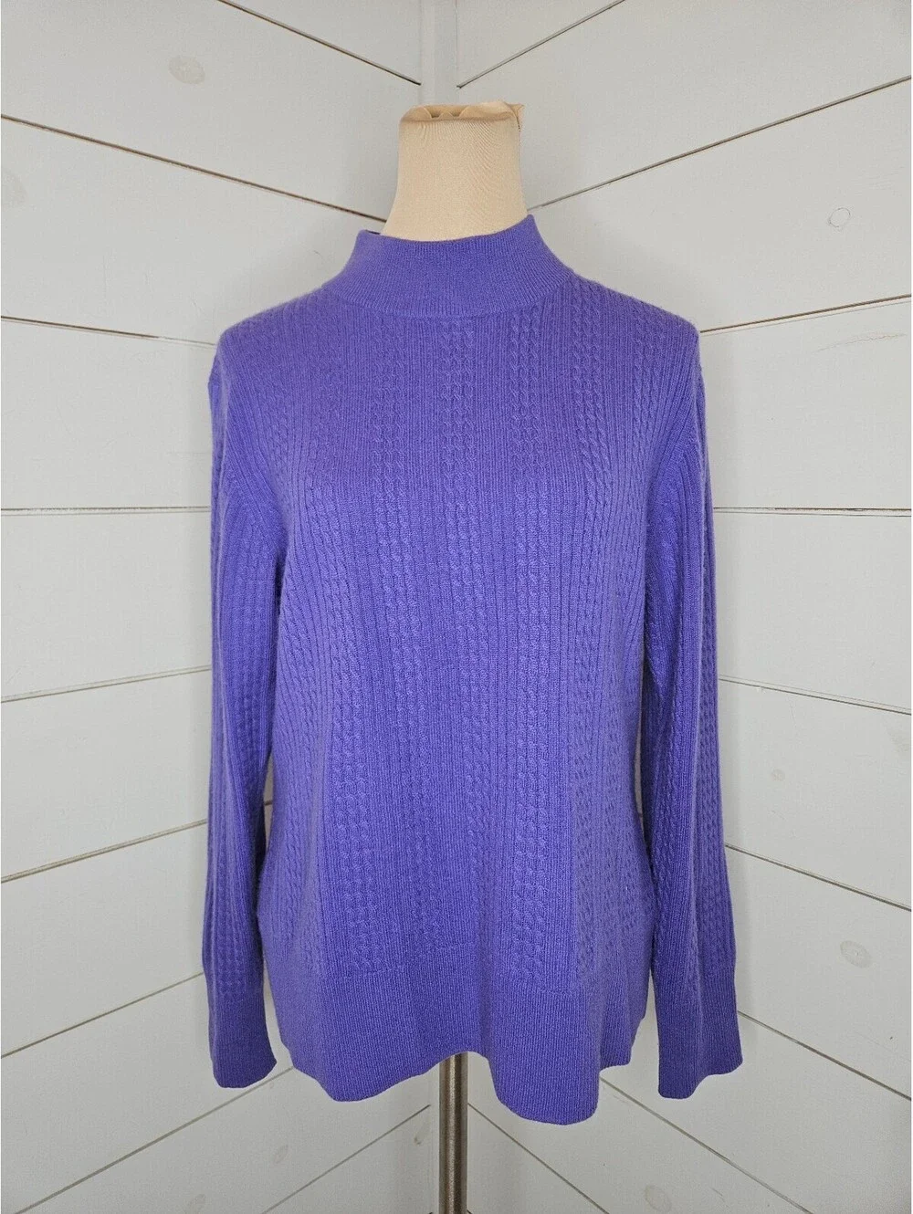 Investments large purple cable knit 100% cashmere mock neck sweater